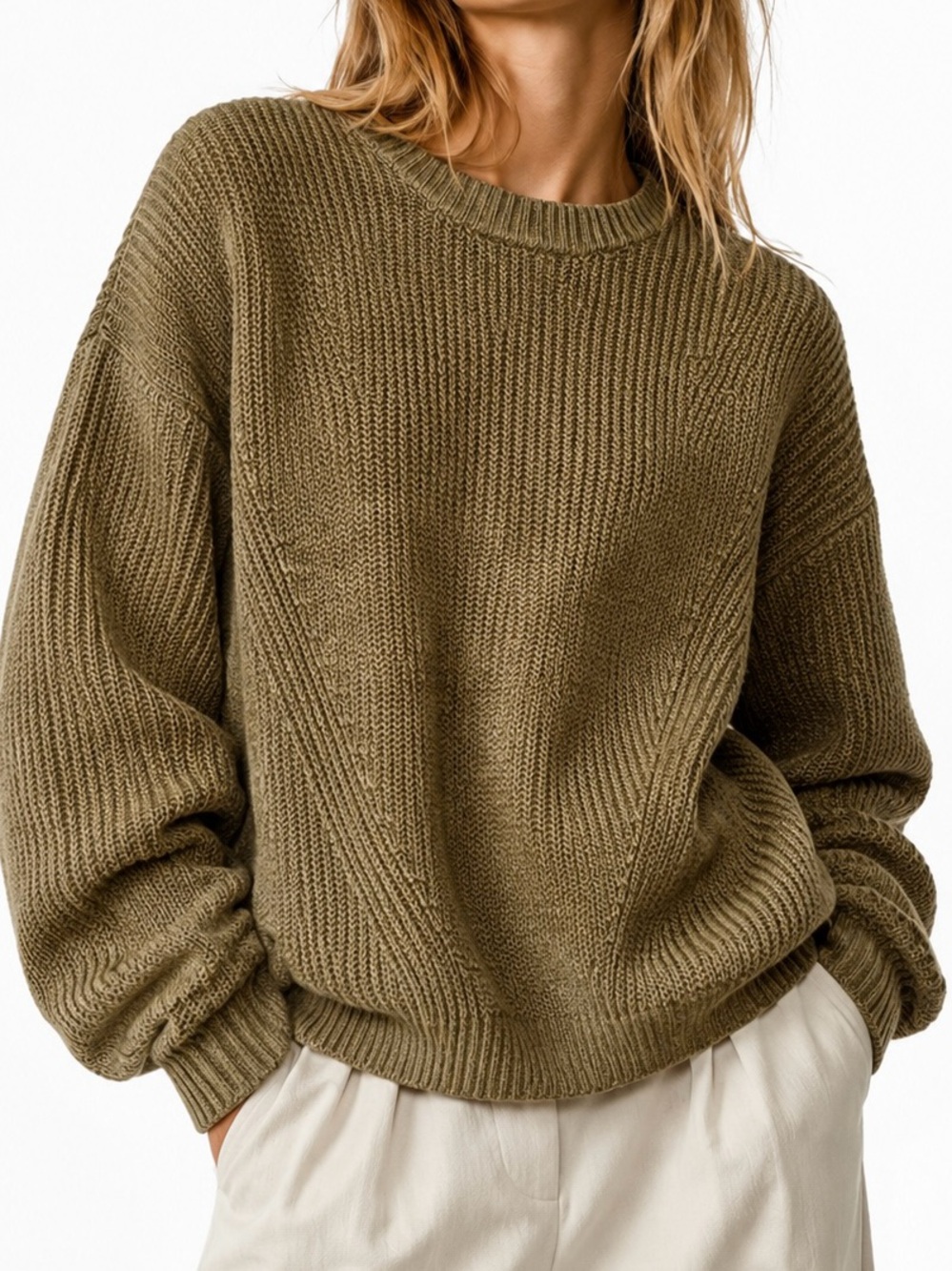 POL Chunky Olive Green Knit Crew Neck Sweater Women’s Minimalist Top